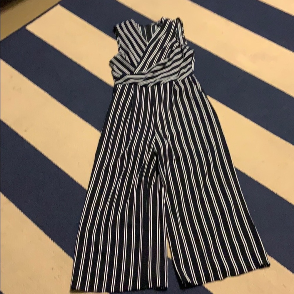Navy/white striped wide leg jumpsuit pockets S